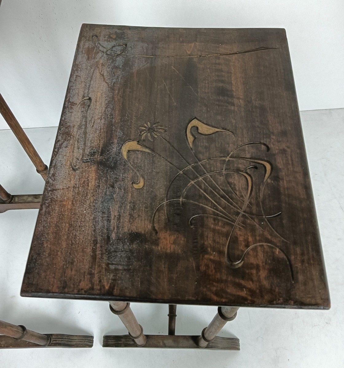 Set Of Two Nesting Stacking Tables Edwardian Antique Carved Wood France Rare photo vinterior
