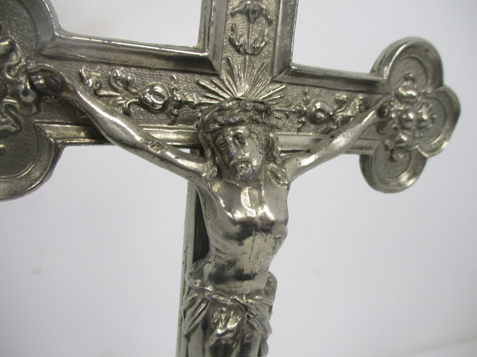 Vintage Standing Table  Crucifix Jesus Christ Cross Ornate  French Fleur De Lis photo for sale