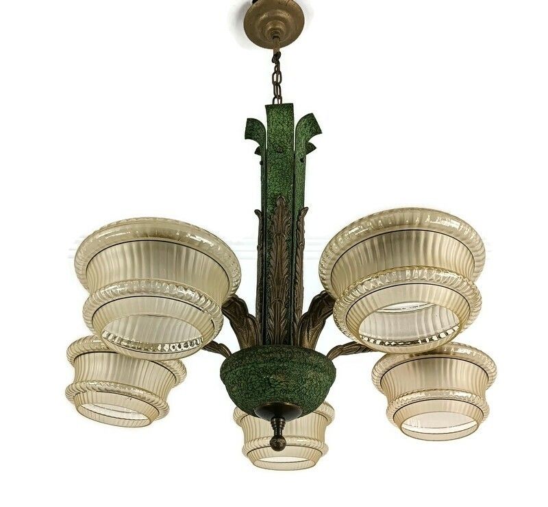 Art Deco Chandelier Antique Fixture Art Glass Uranium Lights Up Extremely Rare 5