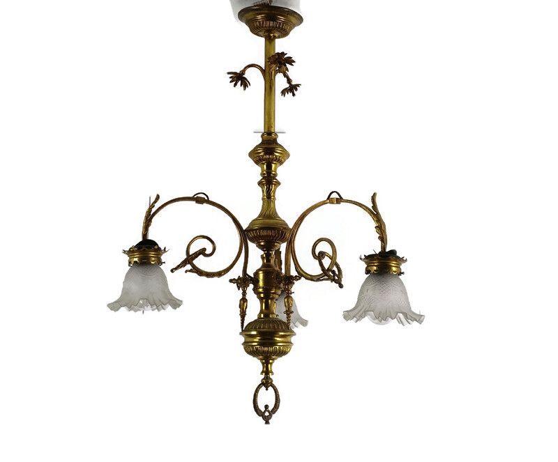 Brass Antique Gas Chandelier Electrified 3 Arms Lights Ornate Tulip Shaped Shade