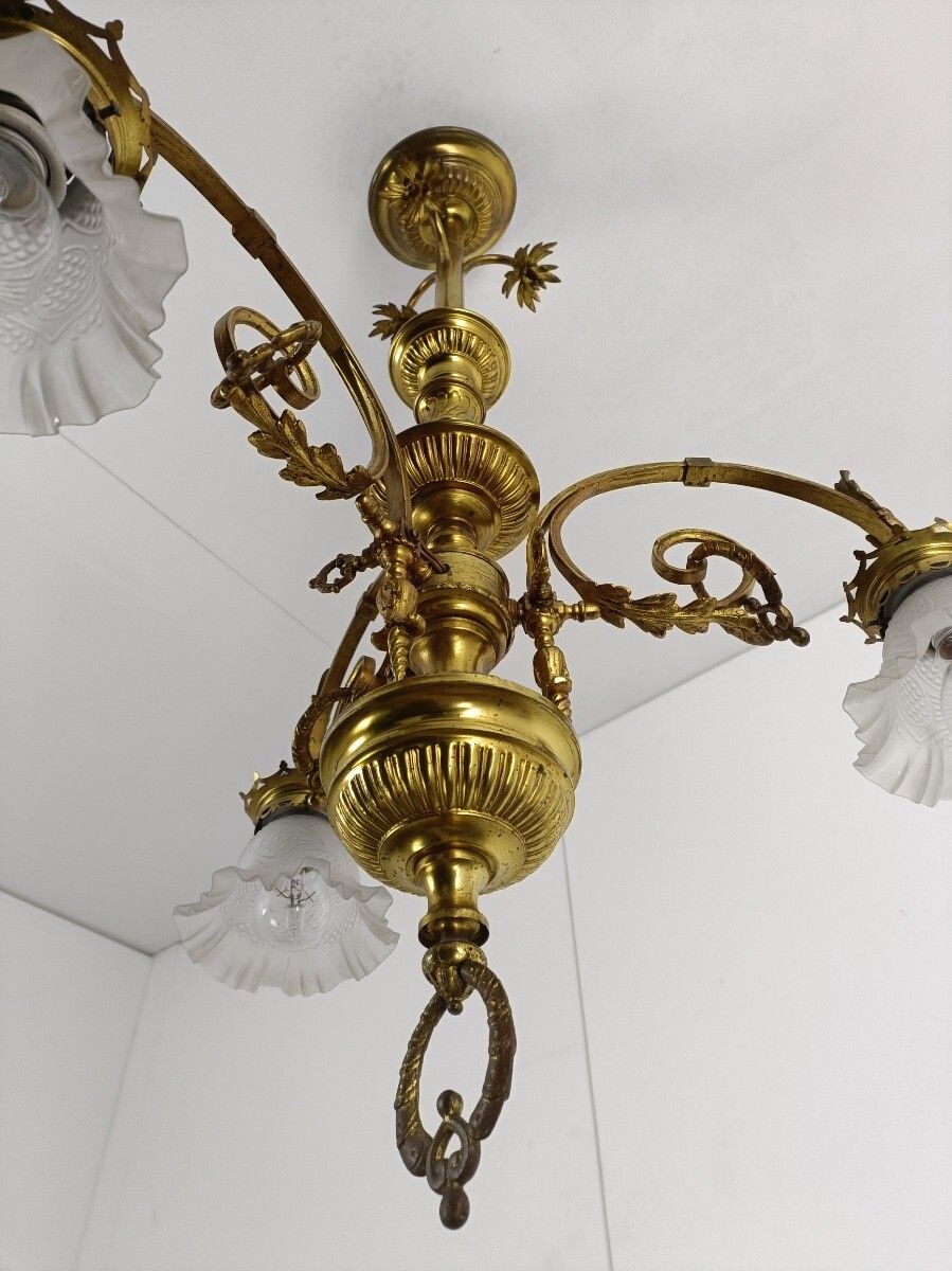Brass Antique Gas Chandelier Electrified 3 Arms Lights Ornate Tulip Shaped Shade photo buy