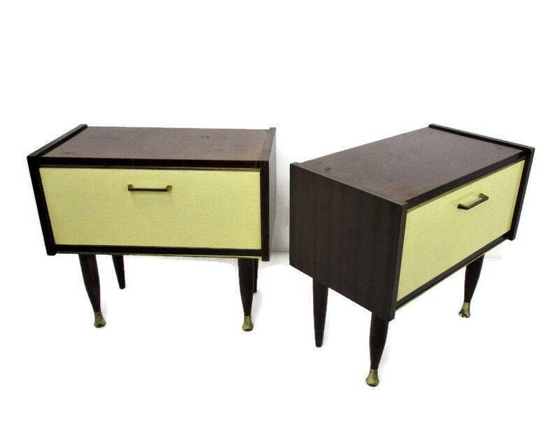 Pair Couple Double Vintage Nightstands End Tables Mid Century Modern Wood Retro