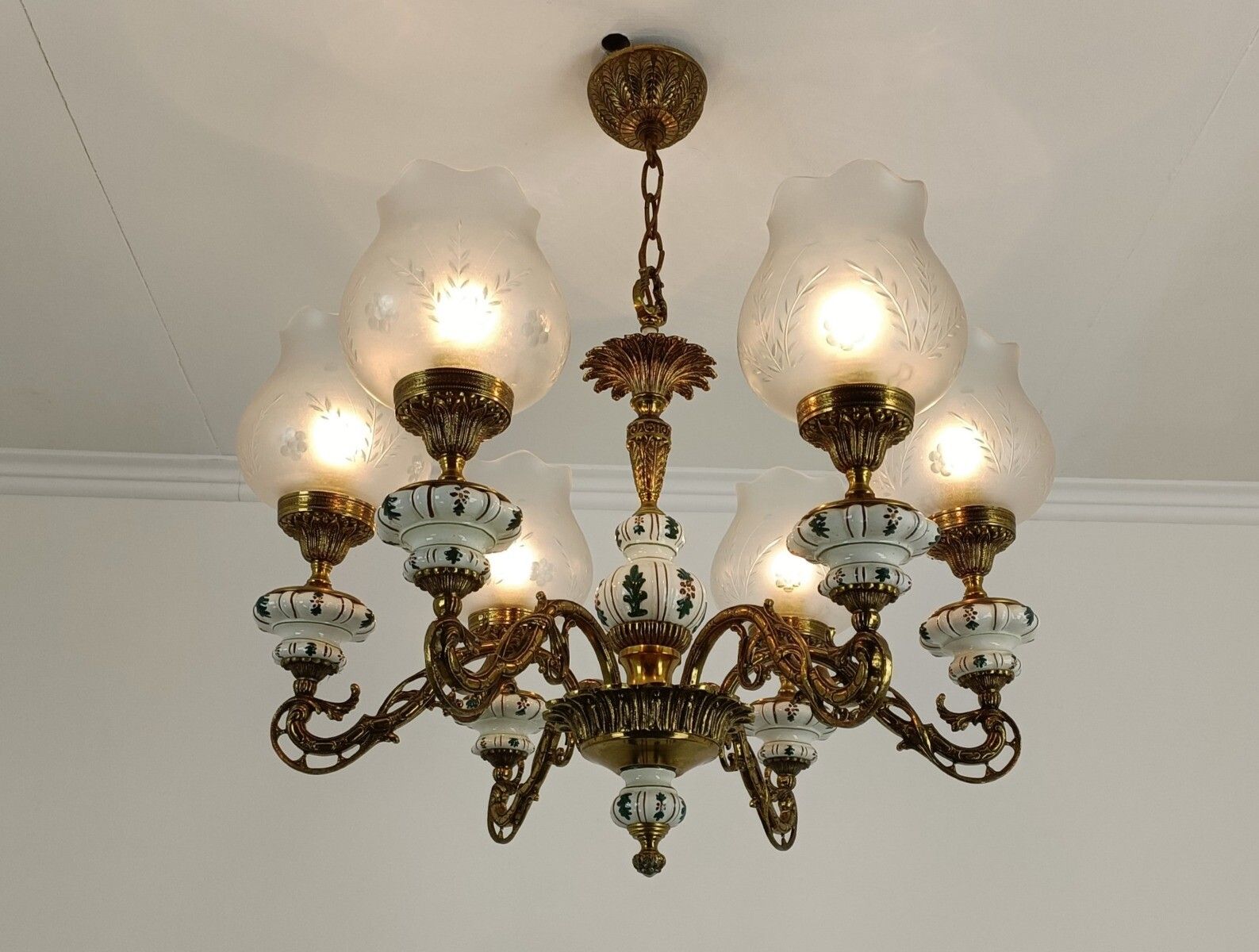 Vintage Chandelier Brass Porcelain Glass Shades 6 Lights Fixture Light photo for sale