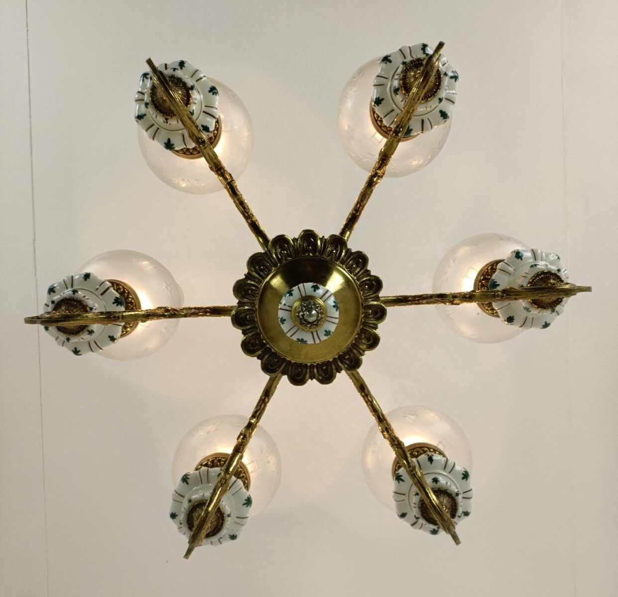 Vintage Chandelier Brass Porcelain Glass Shades 6 Lights Fixture Light photo vintage