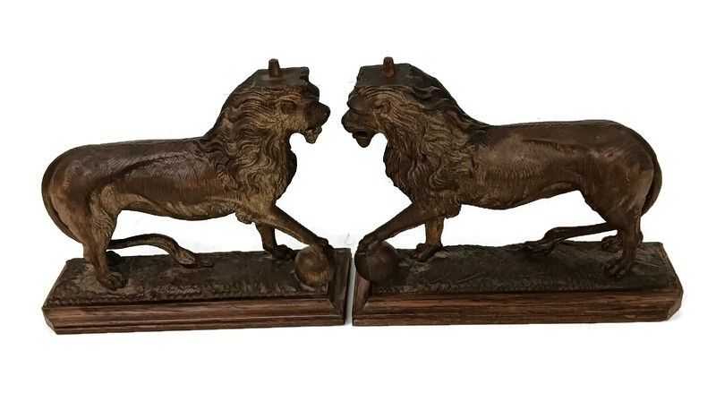 Stunning Antique Hand Carved Wood Figurines Pair Lions Large Trims Reclaimed Arc