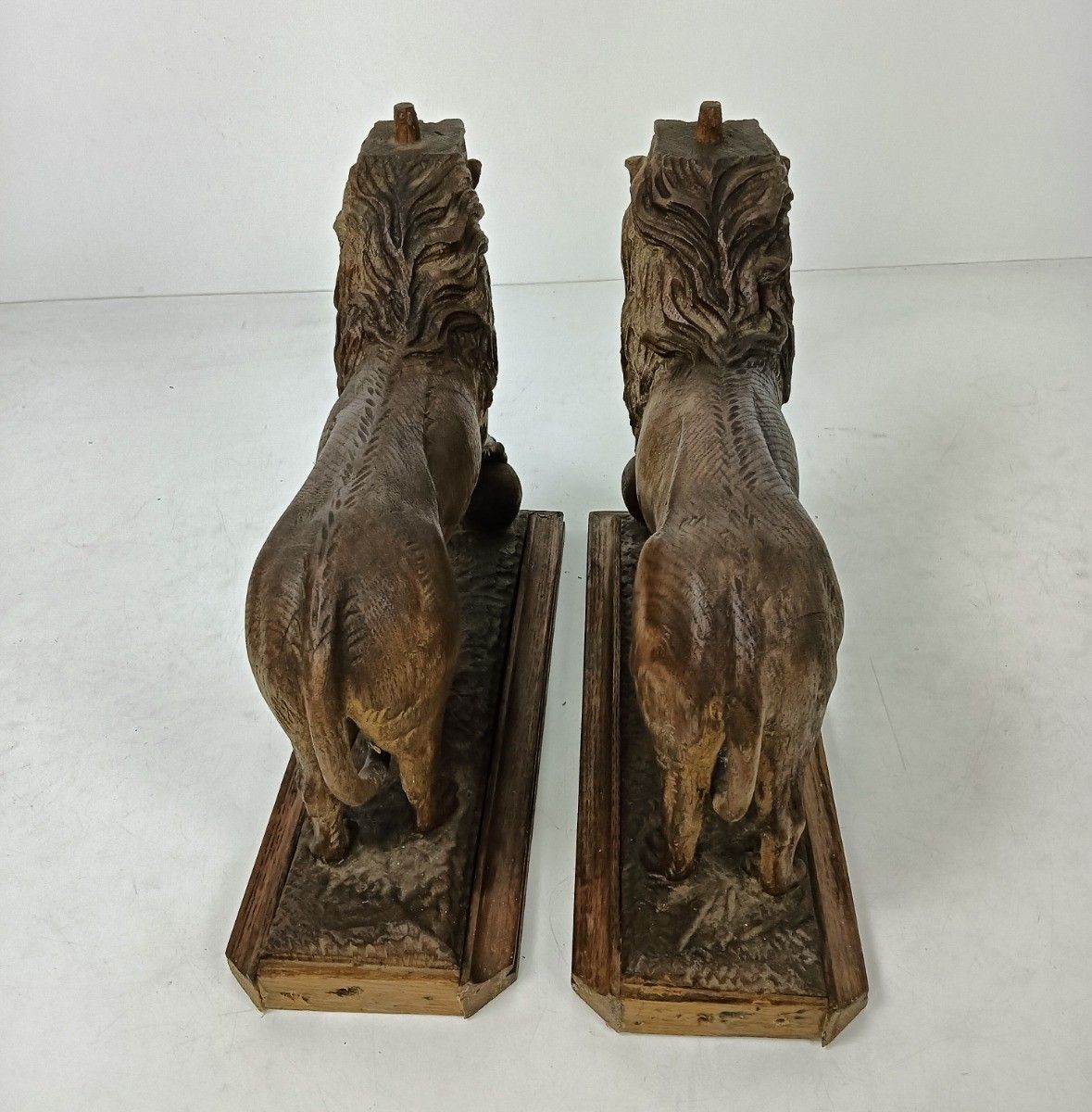 photo furniture Stunning Antique Hand Carved Wood Figurines Pair Lions Large Trims Reclaimed Arc
