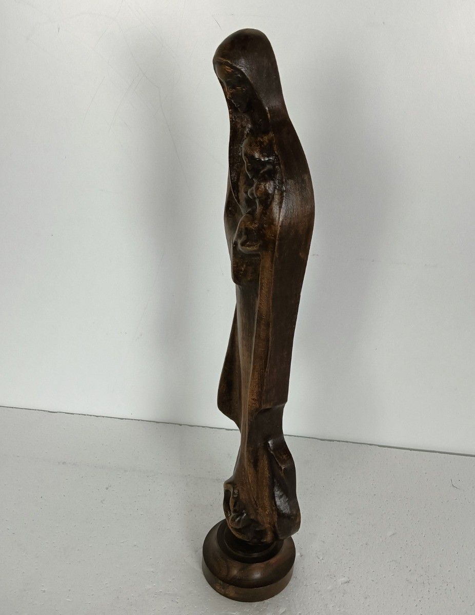 Wooden Statue Sculpture Vintage Carved Wood Virgin Mary Madonna With Infant Tend photo for sale