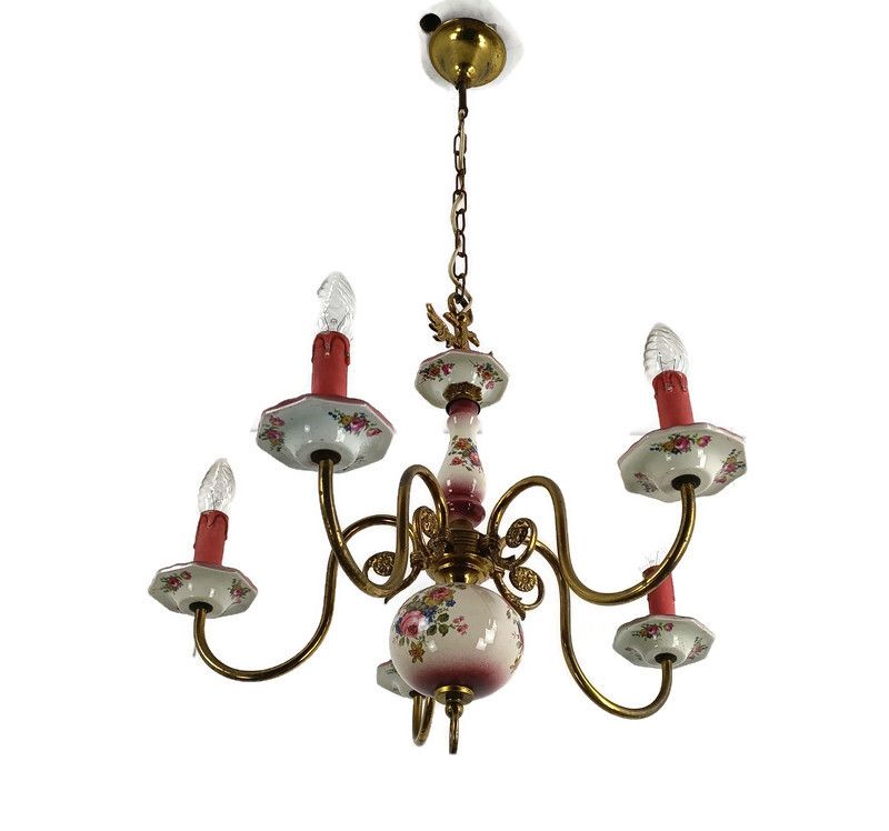 Chandelier Italy Italian Porcelain Pink Flowers Modernist Vintage 5 Arms 5 Light