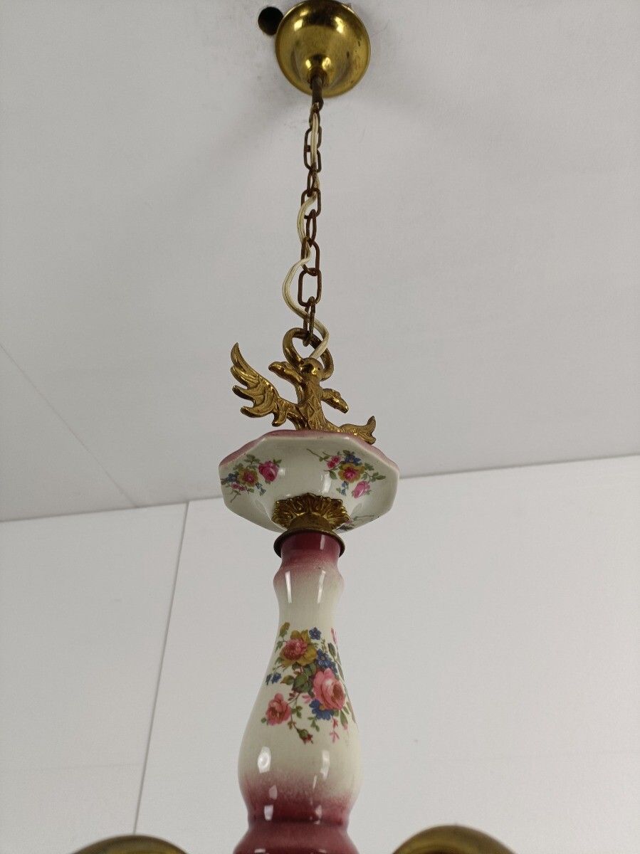 Chandelier Italy Italian Porcelain Pink Flowers Modernist Vintage 5 Arms 5 Light photo vintage
