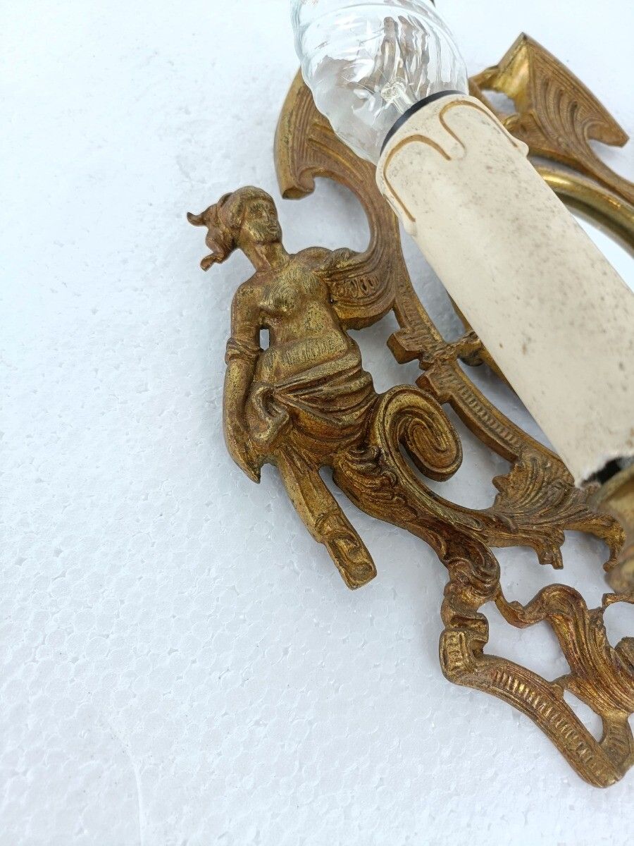 photo furniture Double Wall Sconce Light Rococo Ornate Brass Angel Women Mythology Gorgous Vinta