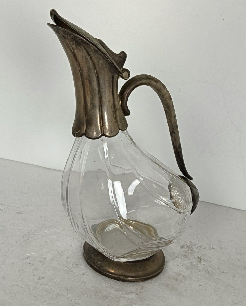 Decanter Carafe In The Shape Of A Duck, Art Glass, Silver Plated, Italy Vintage photo for sale