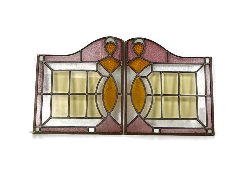 Antique Art Deco Leaded Glass Pair Polychrome Windows Reclaimed Architectural  P