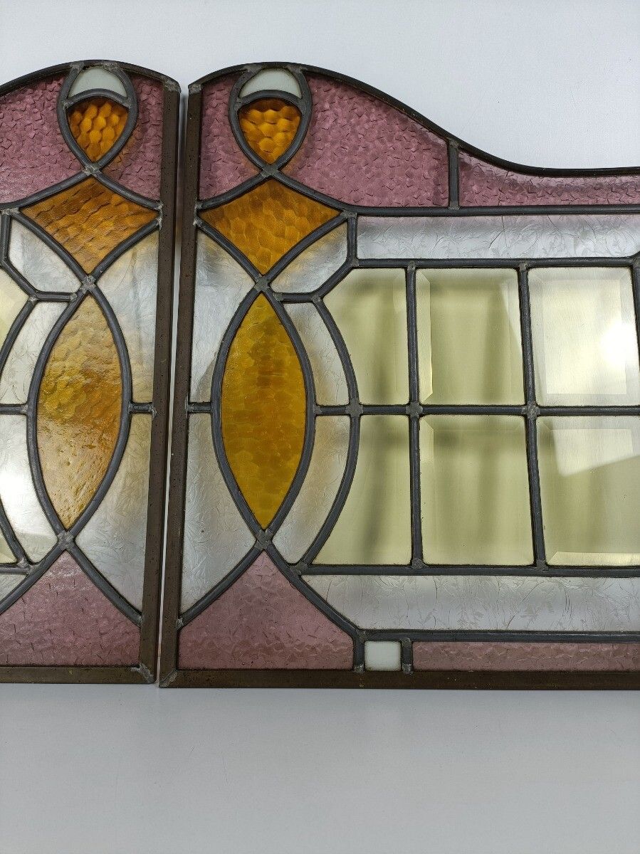 Antique Art Deco Leaded Glass Pair Polychrome Windows Reclaimed Architectural  P photo vinterior