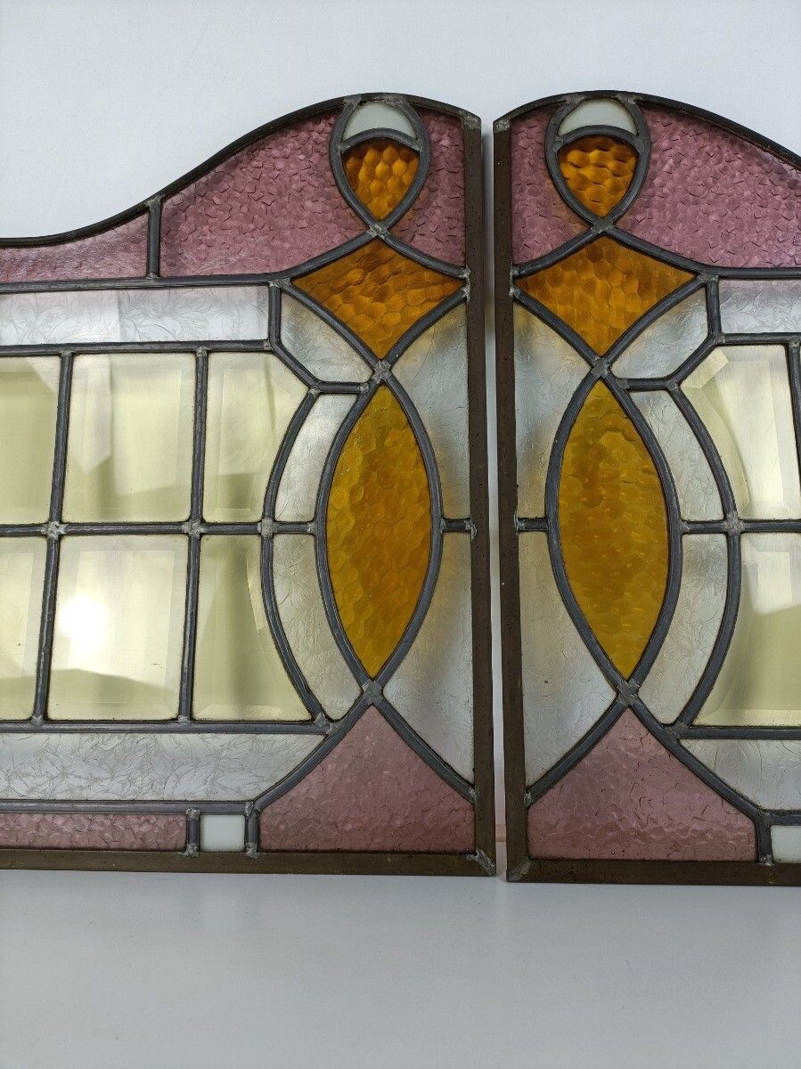 Antique Art Deco Leaded Glass Pair Polychrome Windows Reclaimed Architectural  P photo buy