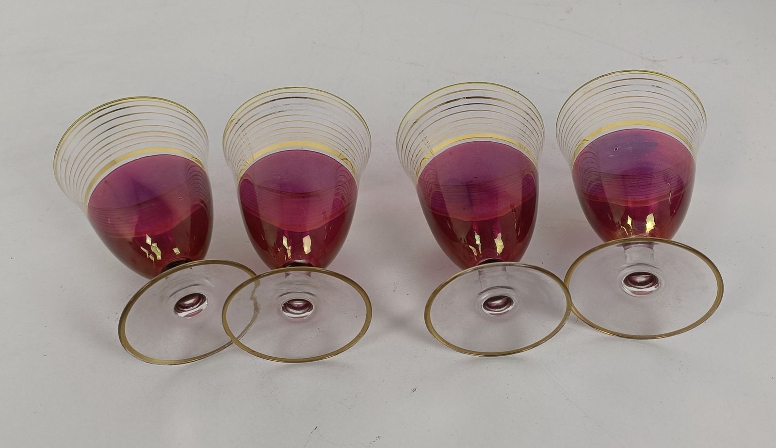 Bohemian Glass Art Deco Set Decanter 4 Shot Glasses Cranberry Gold Antique photo 65.0