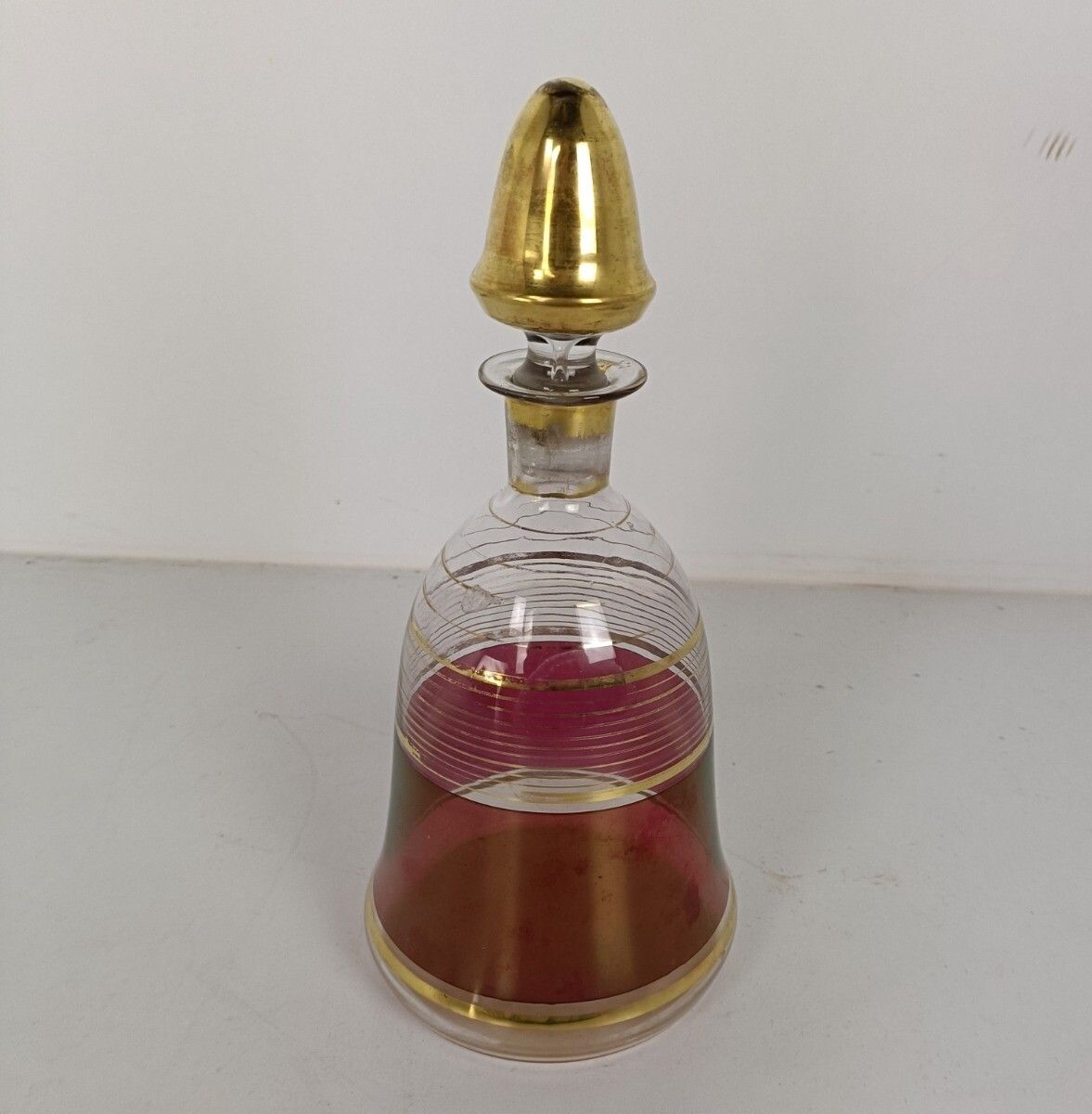 Bohemian Glass Art Deco Set Decanter 4 Shot Glasses Cranberry Gold Antique photo buy