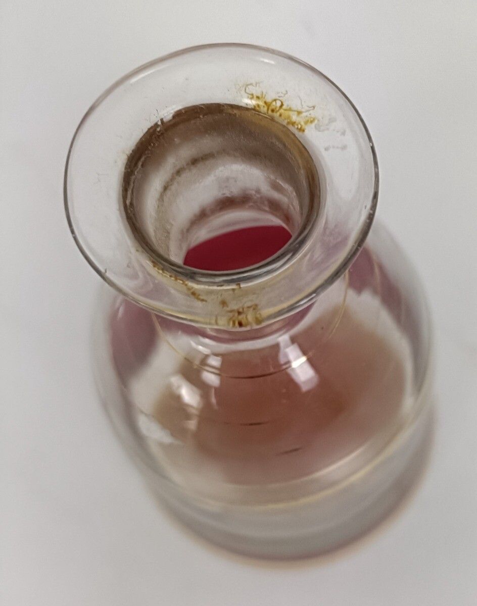 photo for sale Bohemian Glass Art Deco Set Decanter 4 Shot Glasses Cranberry Gold Antique