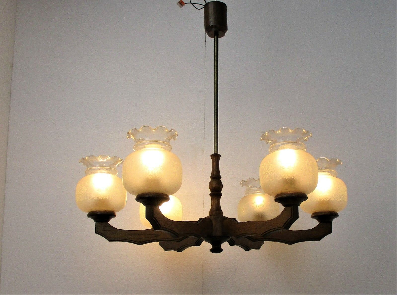 Architectural Art Deco Lounge Chandelier Etched Glass Shades 6 Arms Lights Wood photo furniture
