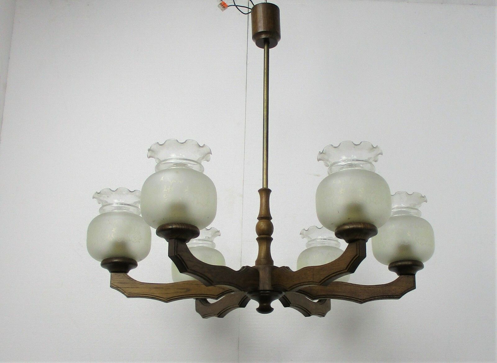 Architectural Art Deco Lounge Chandelier Etched Glass Shades 6 Arms Lights Wood photo for sale