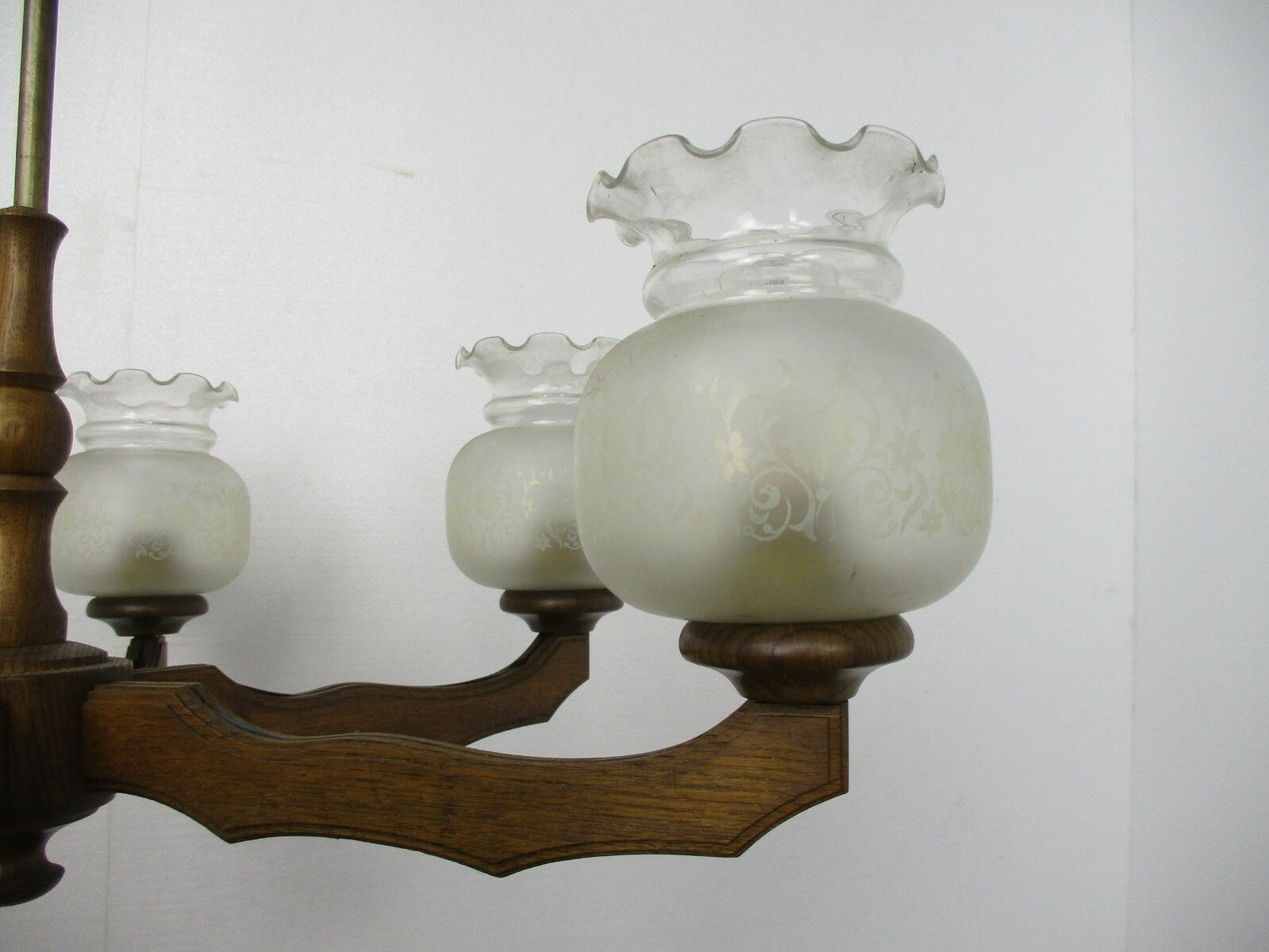 Architectural Art Deco Lounge Chandelier Etched Glass Shades 6 Arms Lights Wood photo Lighting