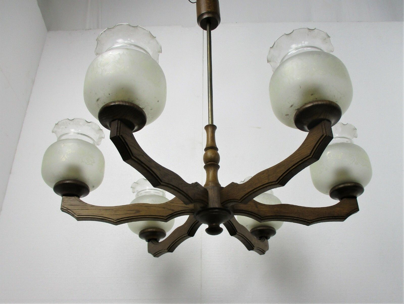 Architectural Art Deco Lounge Chandelier Etched Glass Shades 6 Arms Lights Wood photo vinterior