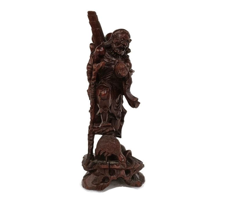 Chinese Rosewood Hand Carved Wooden Figurine Sculpture Traveler With Bird