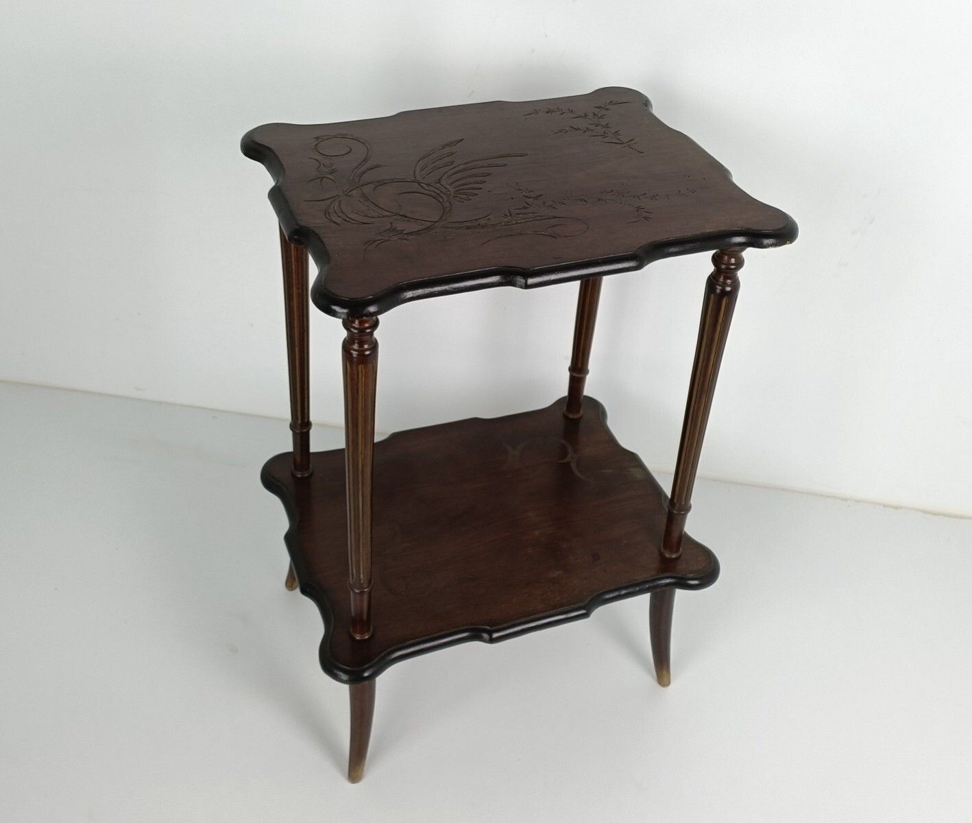 Two Tier Antique Side Occasional Table Carved Wooden Top Barn Farmhouse Style photo furniture