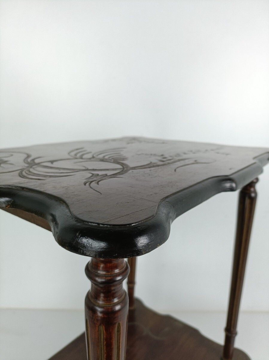 Two Tier Antique Side Occasional Table Carved Wooden Top Barn Farmhouse Style photo vintage