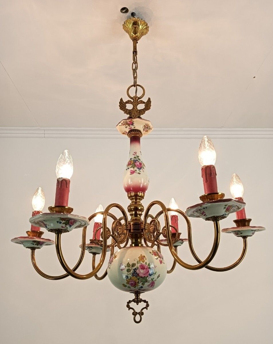 Lovely Italian Chandelier Brass With Porcelain Pink Flowers Pattern 6 Lights Vin photo 323.0