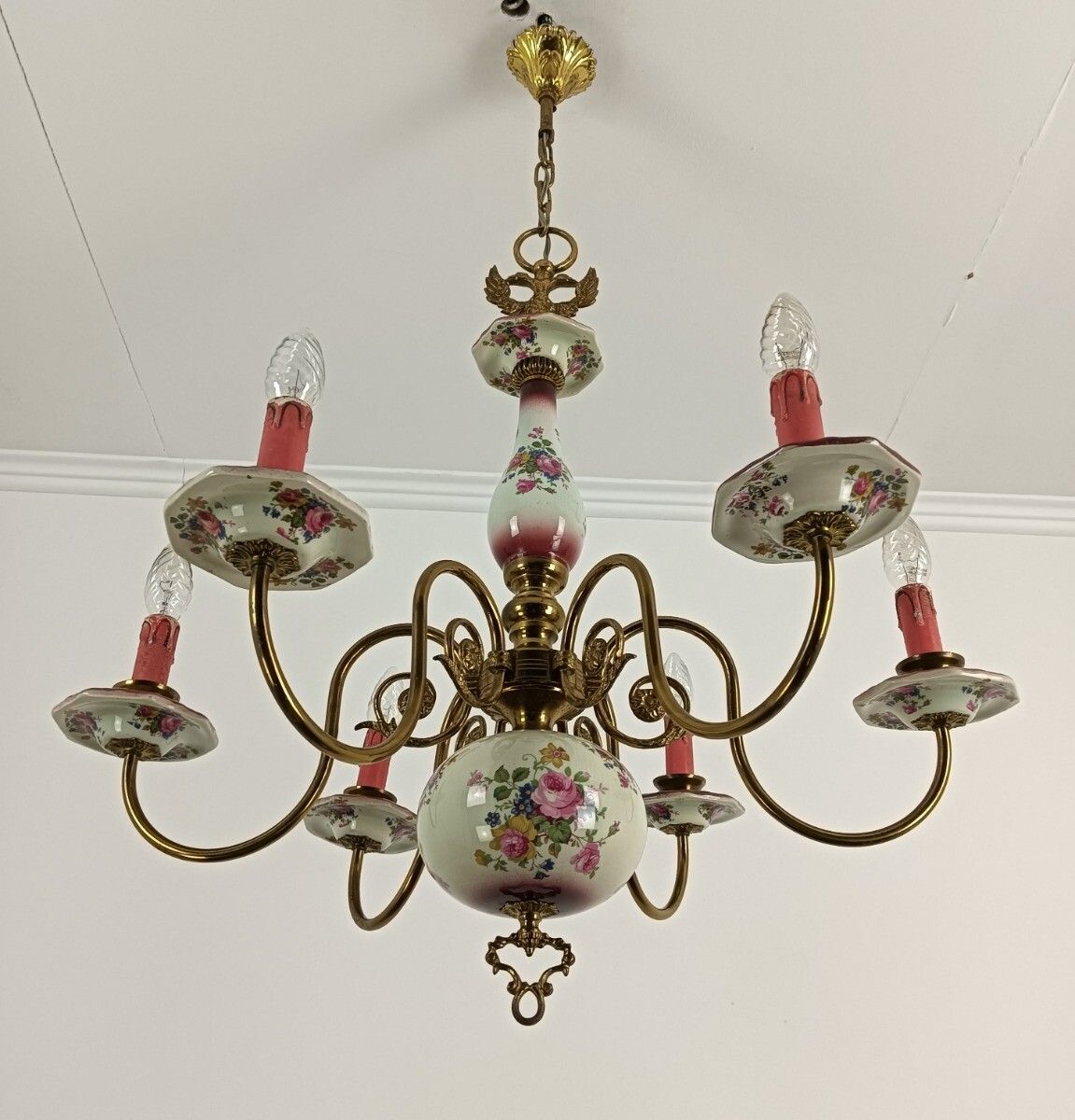Lovely Italian Chandelier Brass With Porcelain Pink Flowers Pattern 6 Lights Vin photo vinterior