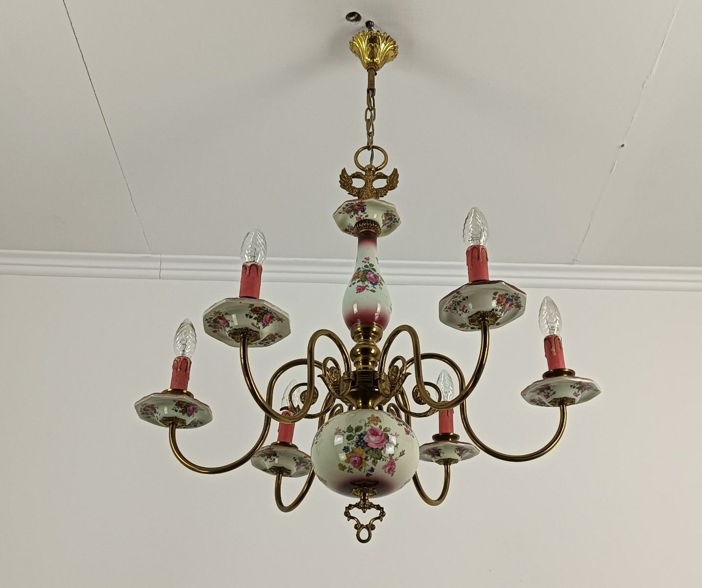 Lovely Italian Chandelier Brass With Porcelain Pink Flowers Pattern 6 Lights Vin photo vintage