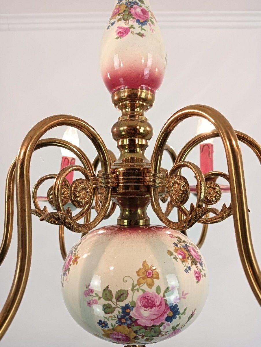 323.0 Lovely Italian Chandelier Brass With Porcelain Pink Flowers Pattern 6 Lights Vin photo