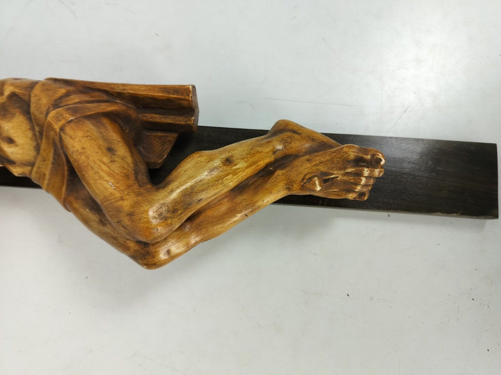 Xl Wood Hanging Crucifix Plaster Hand Made Corpus Van Der Meeren Very Dramatic photo for sale