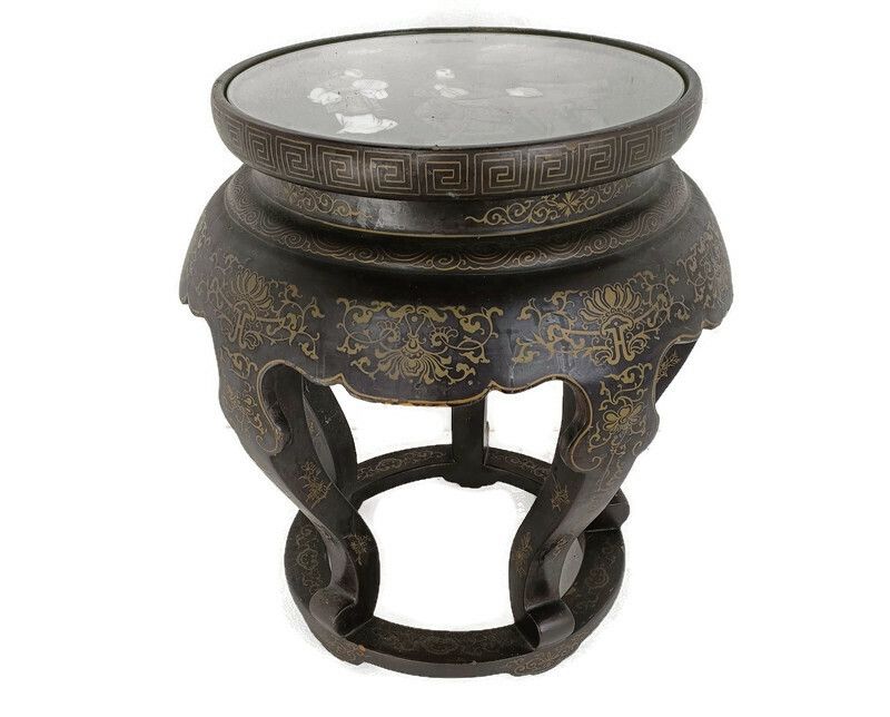 Chinese Antique Round Table Ornate Wood Carved Wood Inlay Side Bonsai Table Gorg