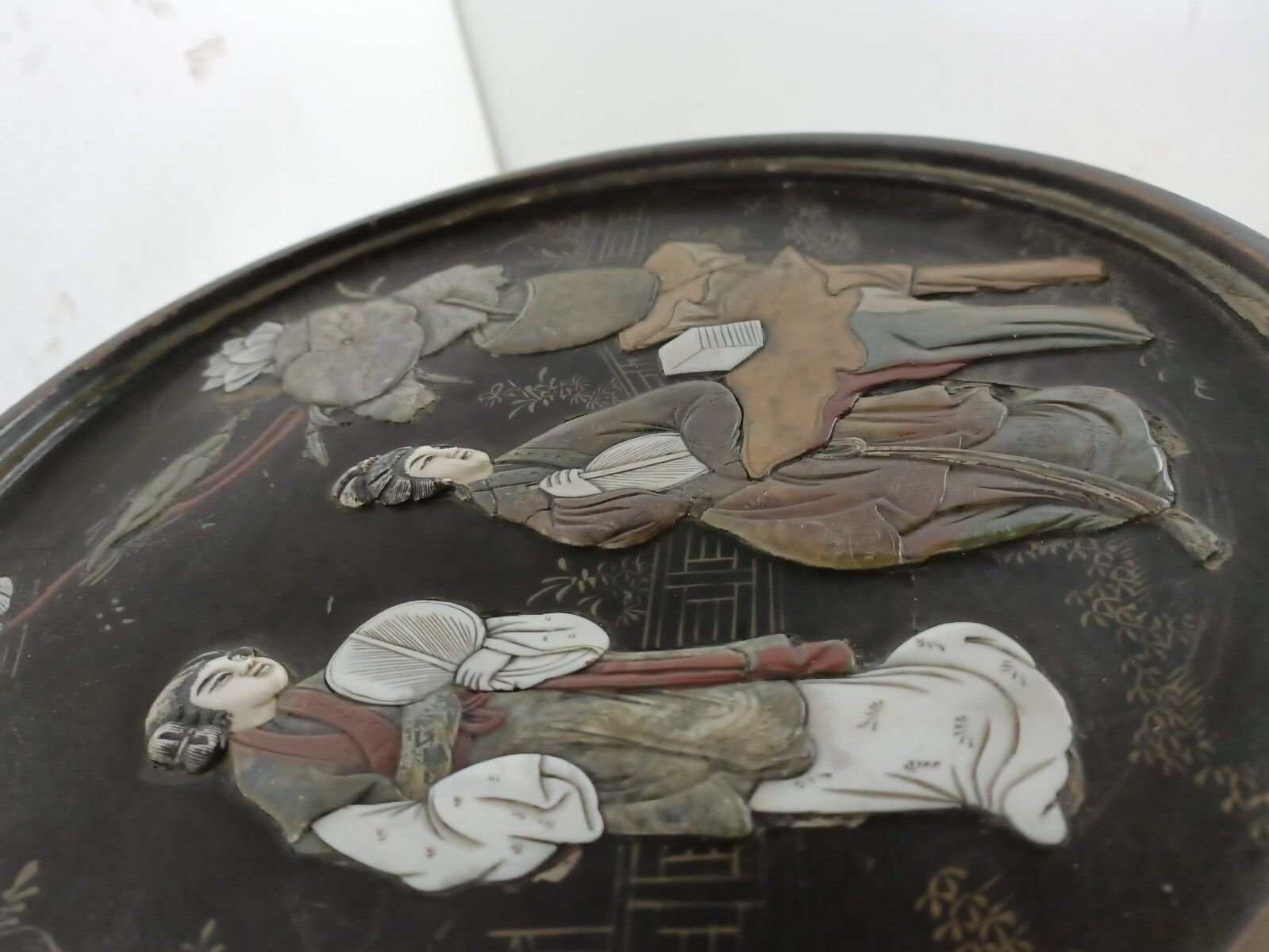 photo for sale Chinese Antique Round Table Ornate Wood Carved Wood Inlay Side Bonsai Table Gorg