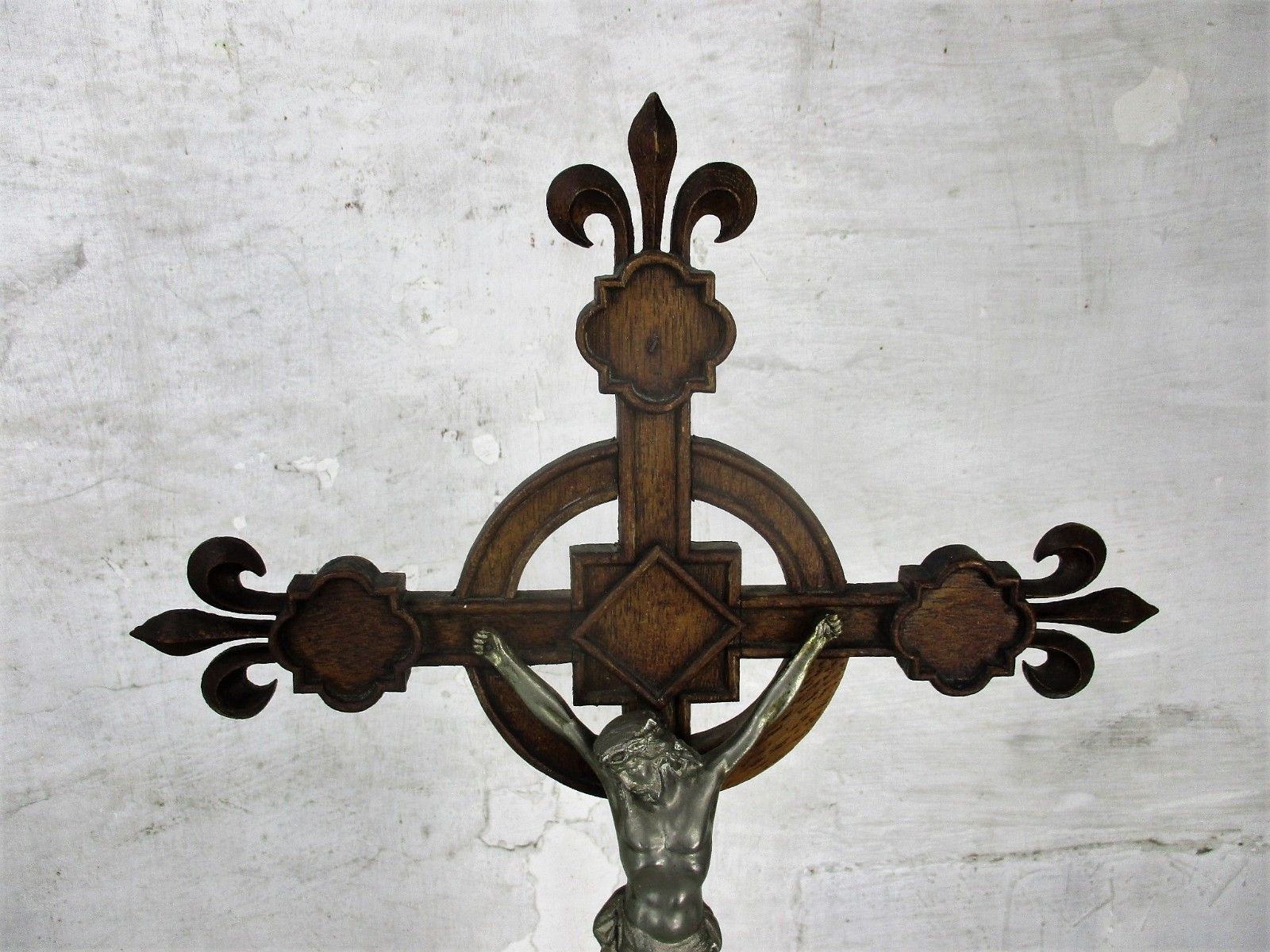 L Vintage French Standing Church Crucifix Wood Fleur De Lis Hand Made Christ photo for sale