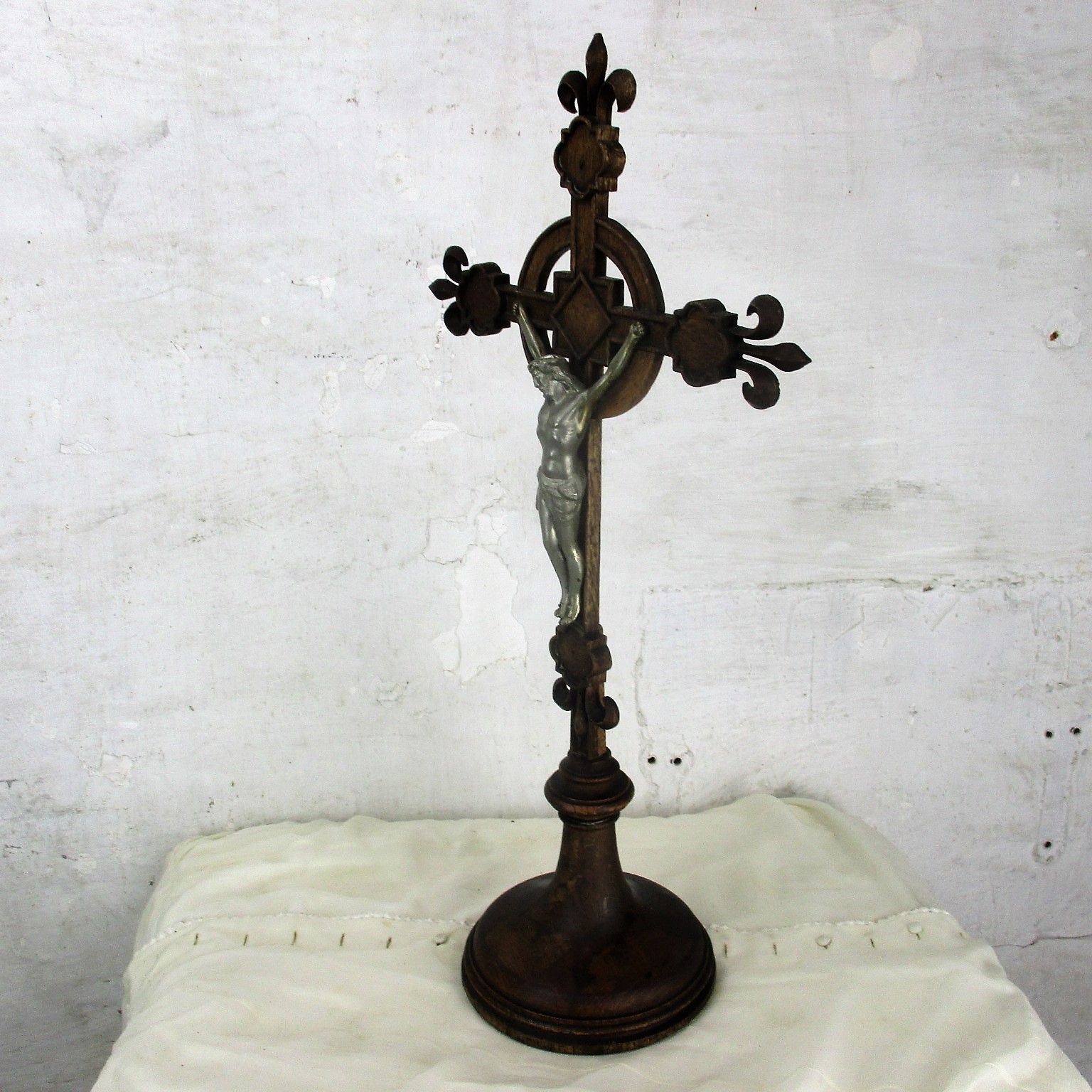 L Vintage French Standing Church Crucifix Wood Fleur De Lis Hand Made Christ photo buy