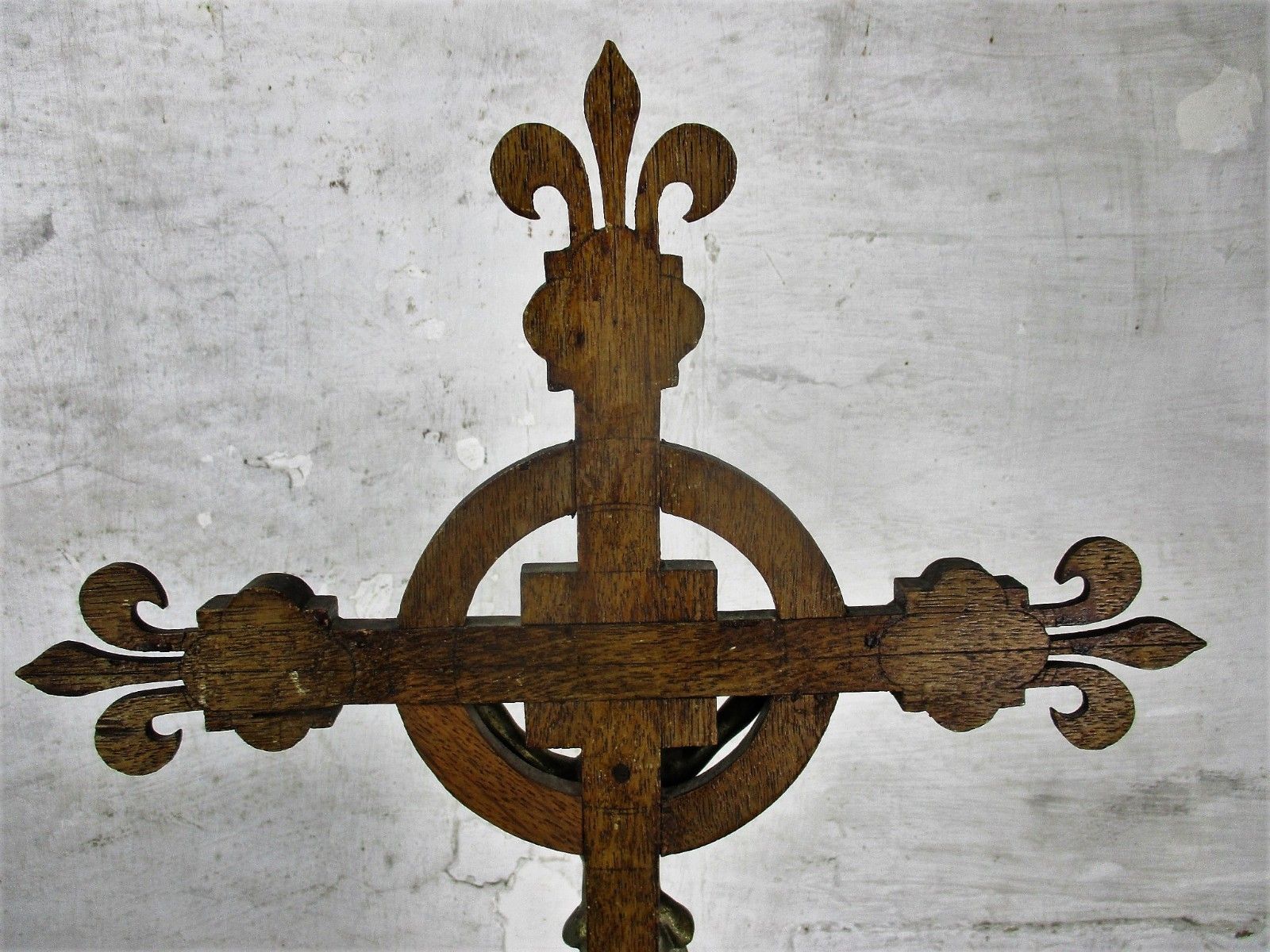photo for sale L Vintage French Standing Church Crucifix Wood Fleur De Lis Hand Made Christ
