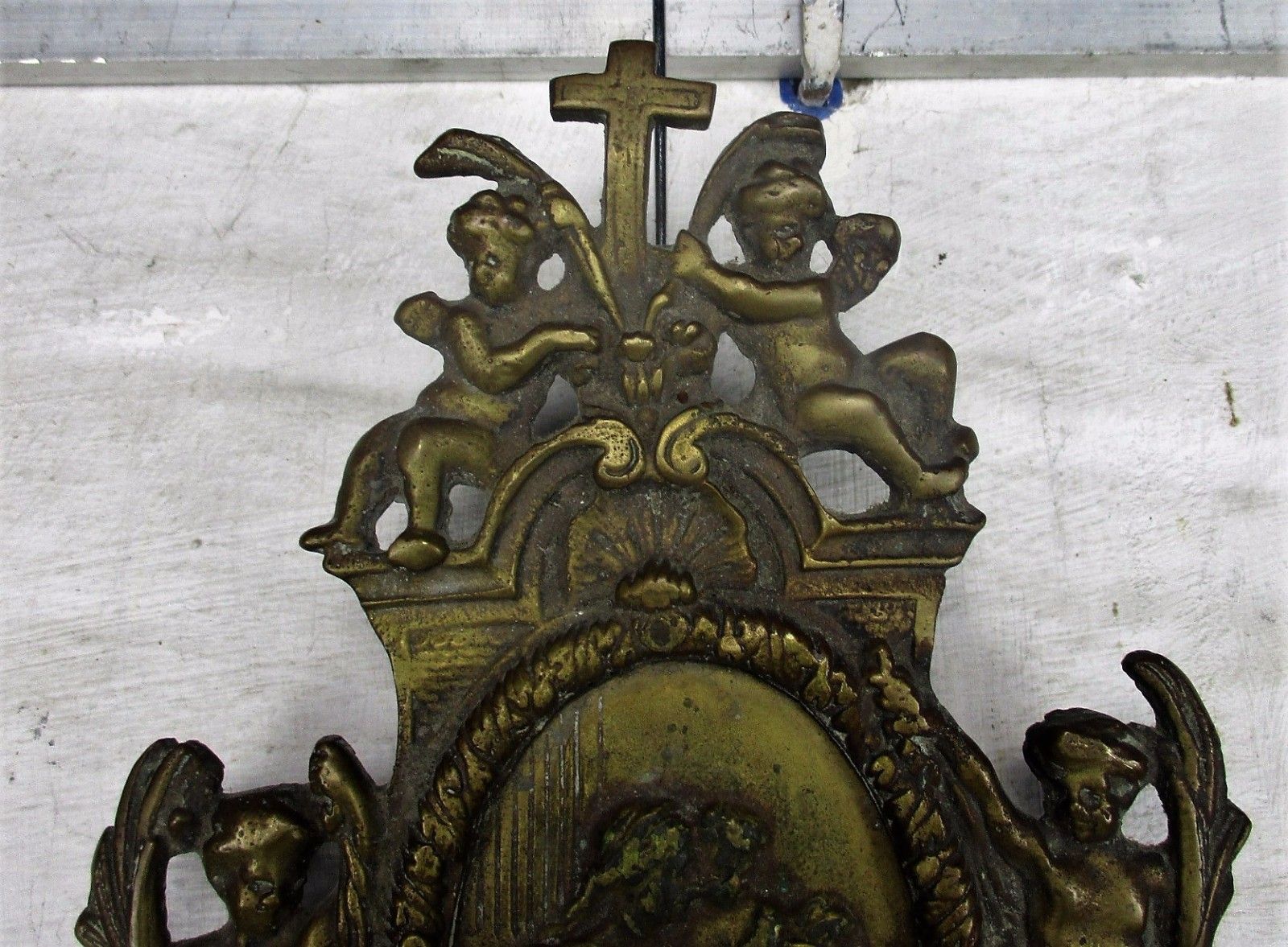 Antique Brass Ornate Plaque Church Virgin Child Angel Collector Wall Hanging Htf photo furniture