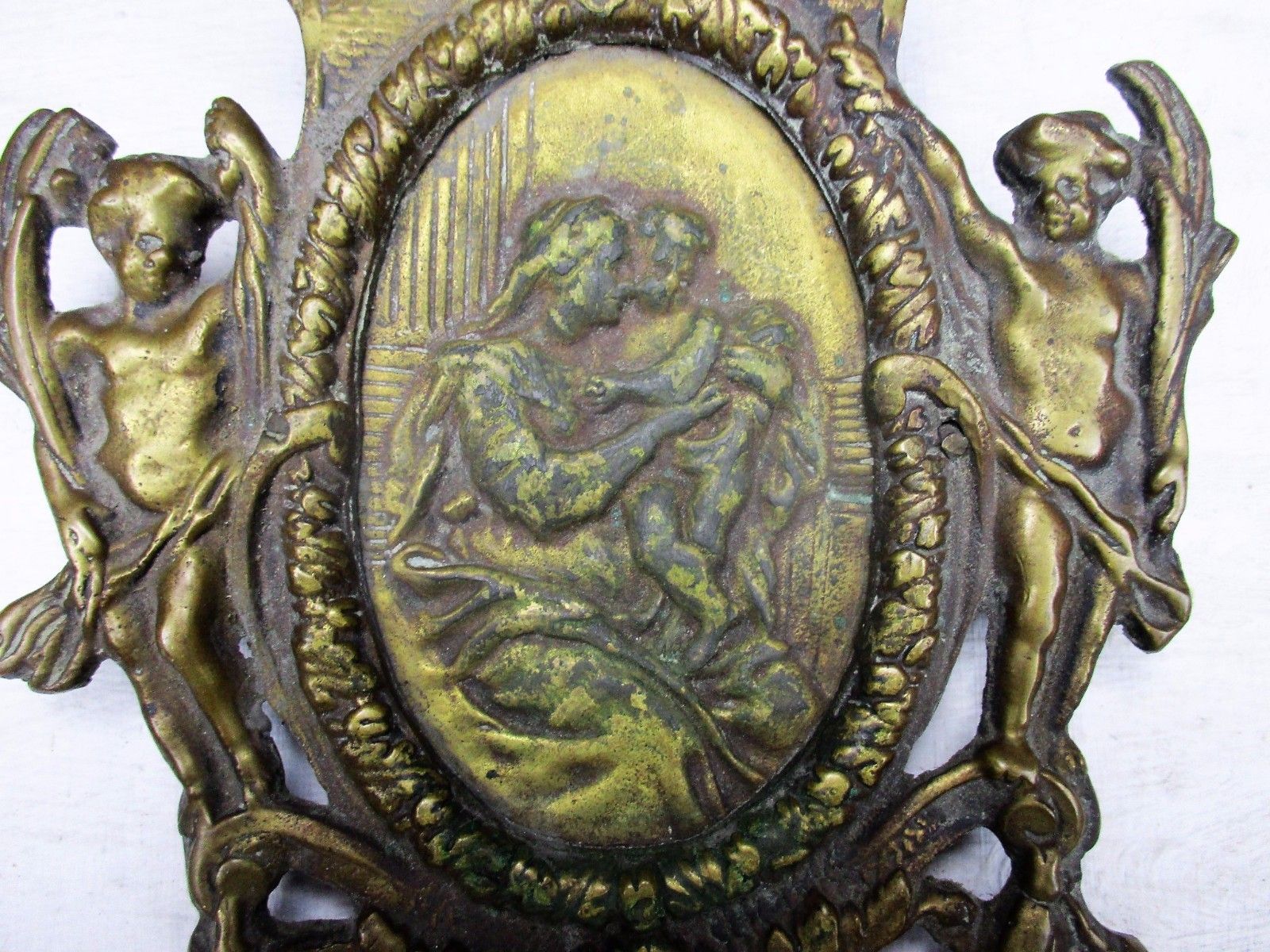 Antique Brass Ornate Plaque Church Virgin Child Angel Collector Wall Hanging Htf photo Art
