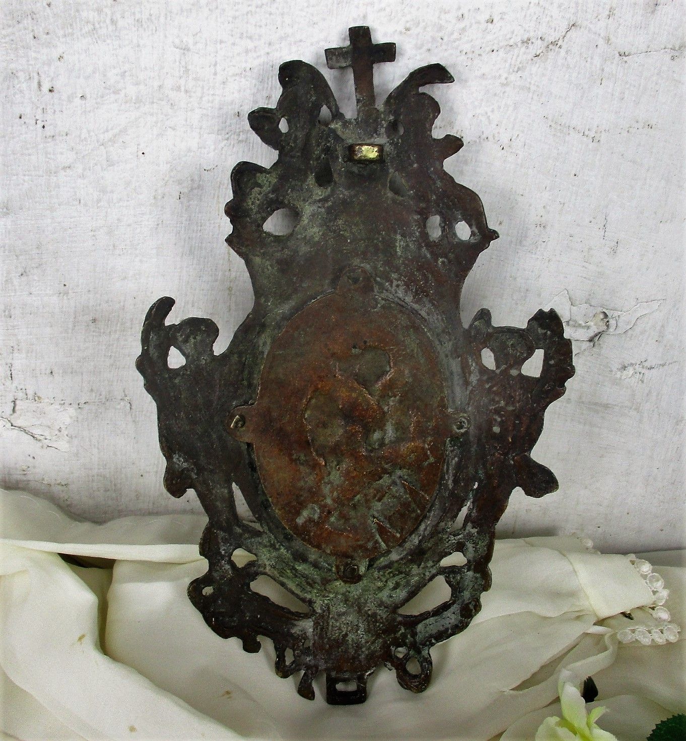 Antique Brass Ornate Plaque Church Virgin Child Angel Collector Wall Hanging Htf photo buy