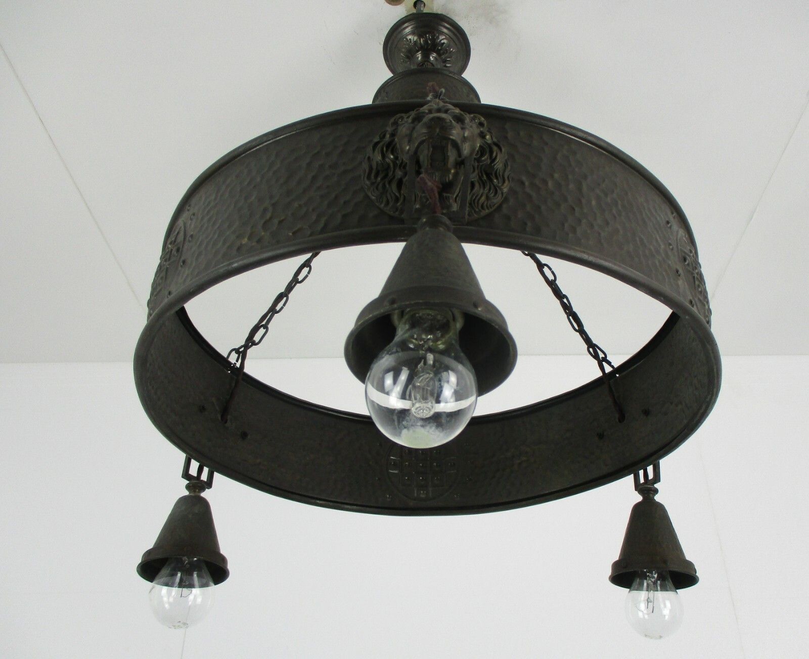 Art Deco Nouveau Chandelier 3 Lights Ornate Hammered Brass Lion Heads Antique photo for sale