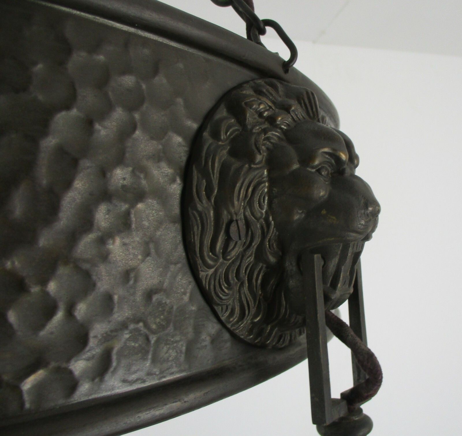 Art Deco Nouveau Chandelier 3 Lights Ornate Hammered Brass Lion Heads Antique photo 649.0