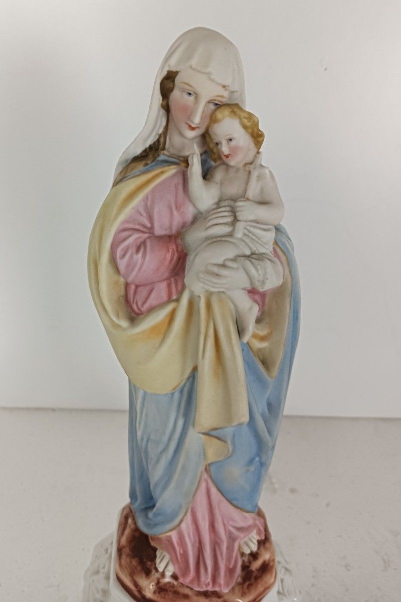 Antique Porcelain Bisque Statue Virgin Mary Our Lady Madonna With Infant Beautif photo furniture