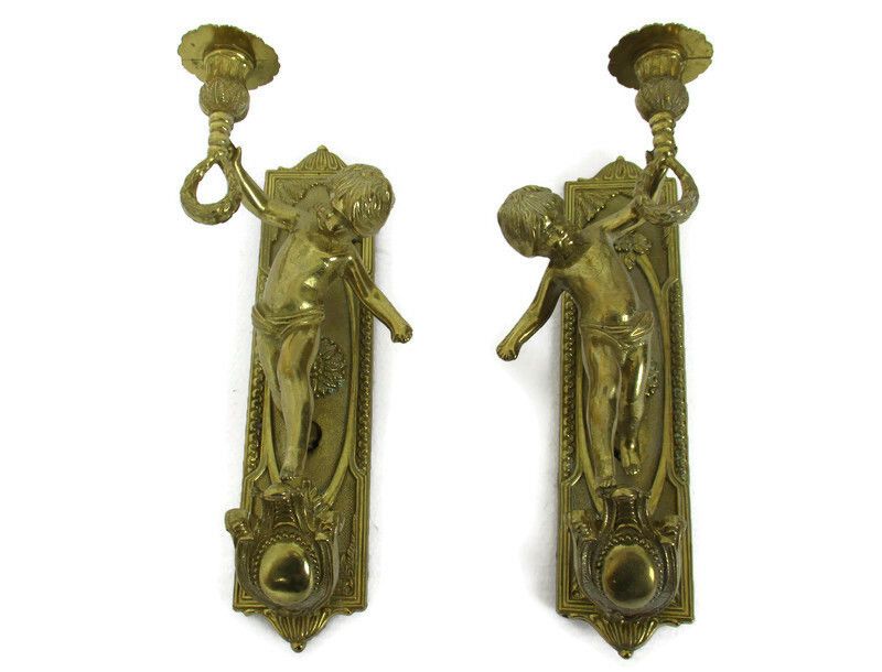 Pair Gorgeous Wall Mounted Sconces Candle Holders Putti Cherub Angels Brass