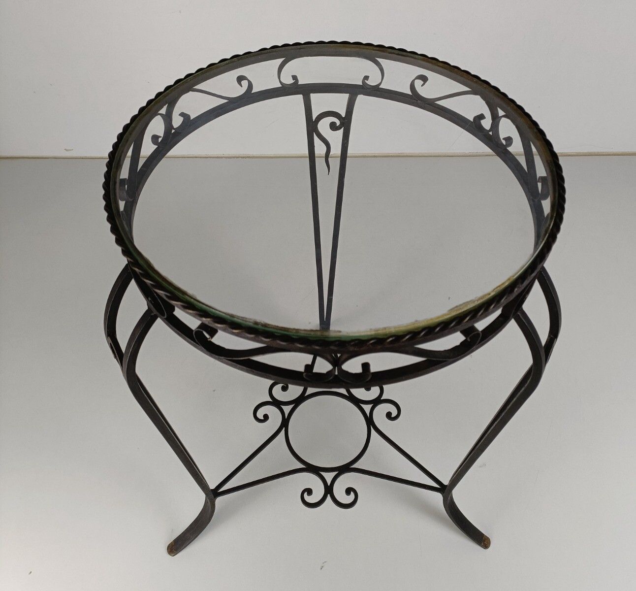 Vintage Wrought Iron Glass Top Side Table Pedestal Plant Stand Bonsai Table Mid photo 244.0