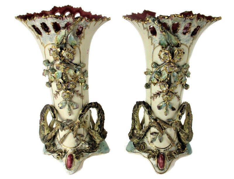 Set Of 2 Pair French Barbotine Majolica Vases Planters Centerpiece Gorgeous Flow