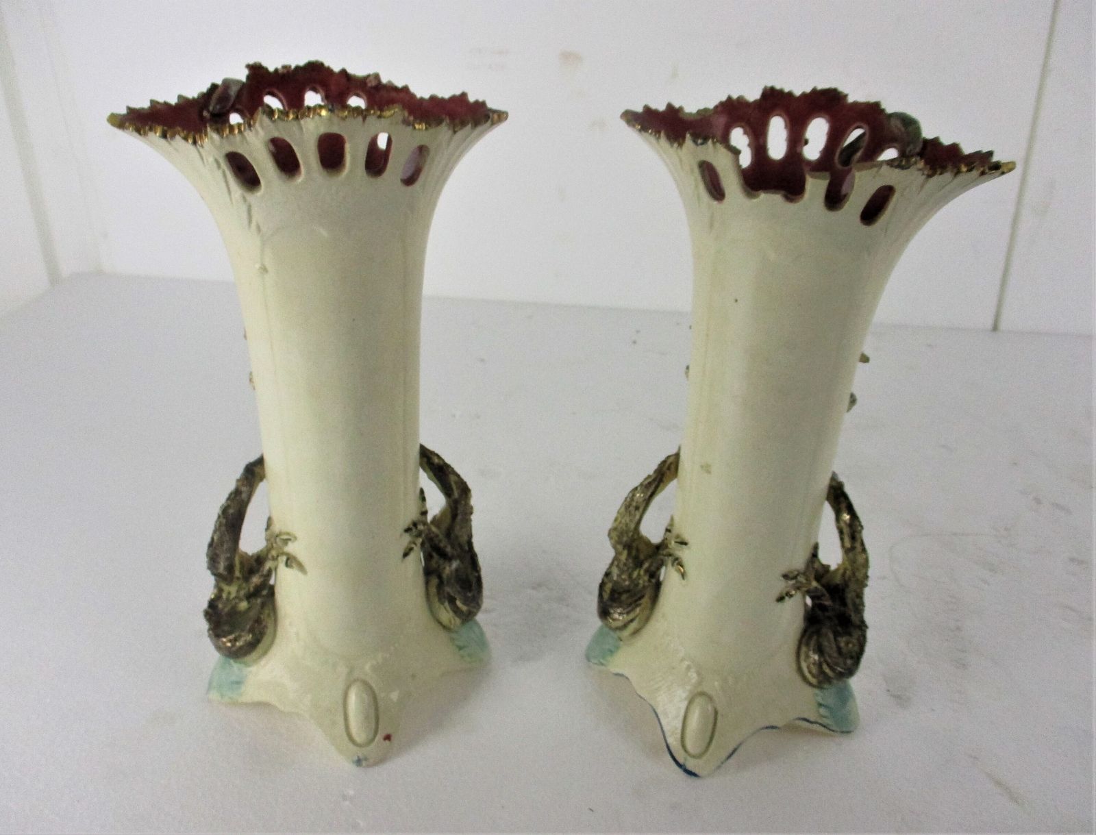 photo for sale Set Of 2 Pair French Barbotine Majolica Vases Planters Centerpiece Gorgeous Flow