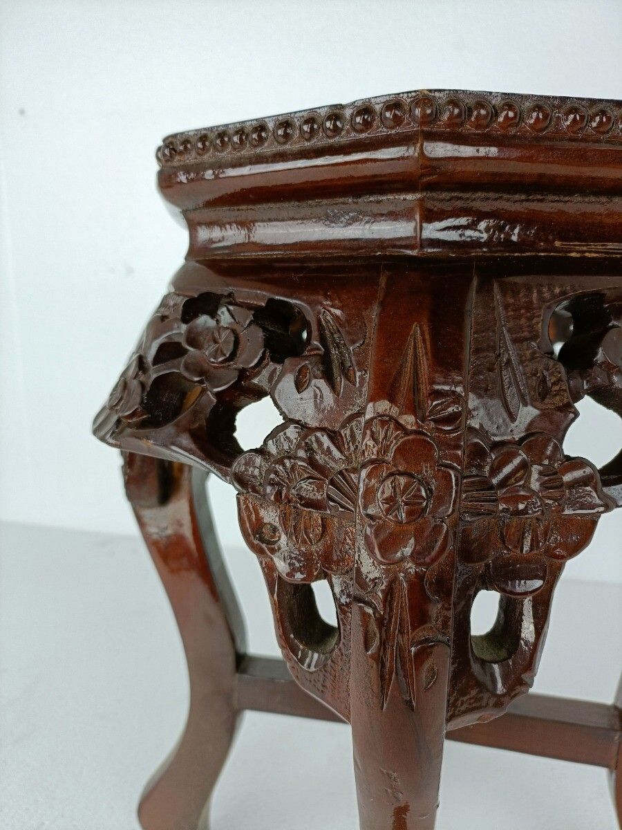 Carved Wood Rosewood Chinese Marble Top Hall Console Bonsai Table Pedestal Tabou photo vinterior