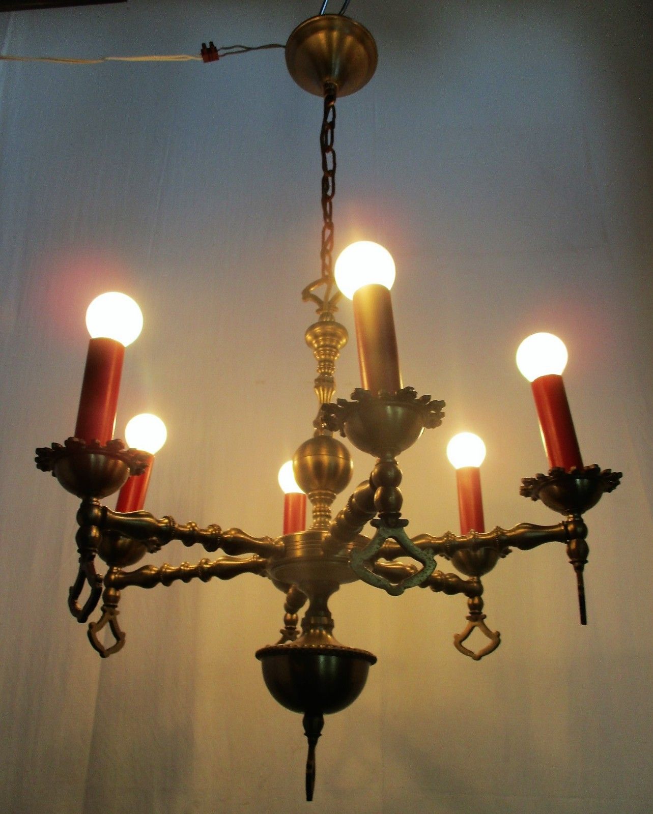 Chandelier 6 Lights Arms Ceiling Light Lamp Metal Tin Look Hobnails Very Rare photo furniture